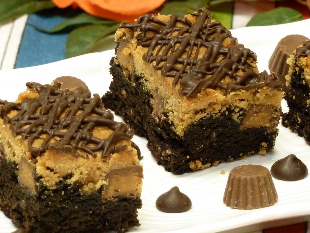 Yummy brownies loaded with a peanut butter layer, peanut butter cups, and chocolate chips.