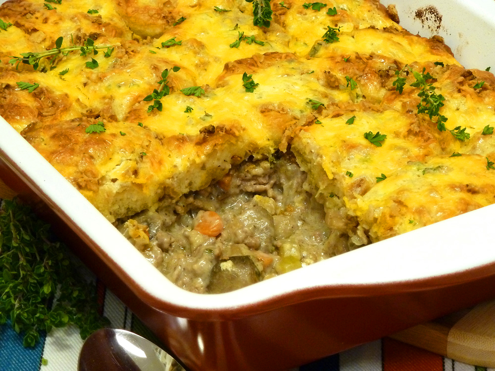 Biscuit stroganoff casserole is budget-friendly and enough to feed a crowd.