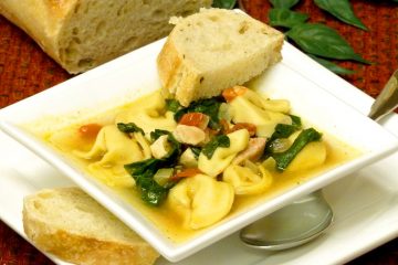 Chicken spinach tortellini soup is a colorful, filling meal in a bowl.