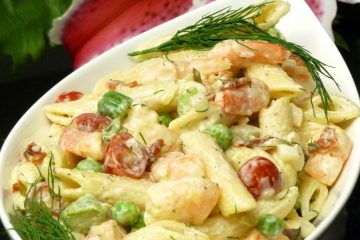 Shrimp garden pasta salad is colorful and loaded with veggies.