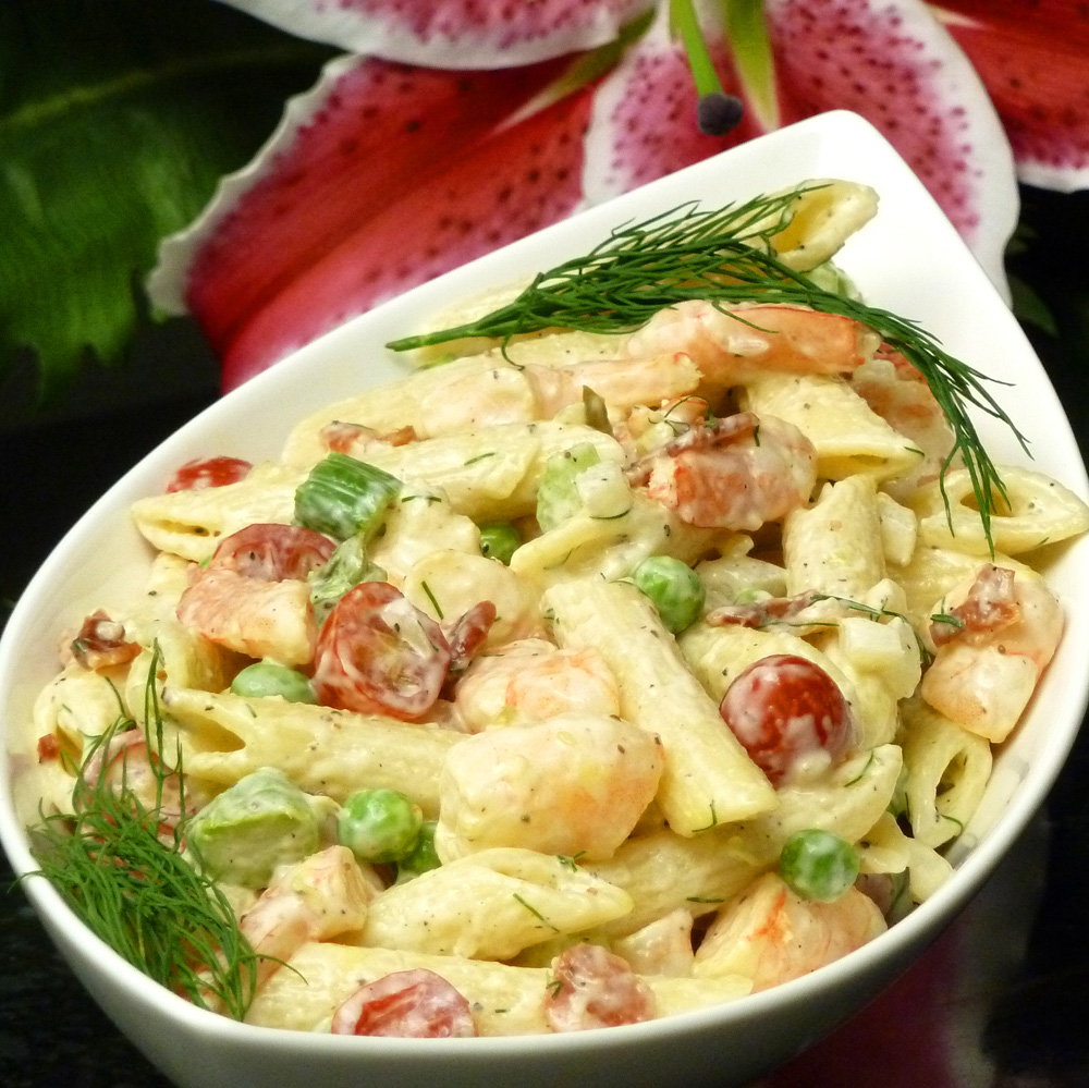 Shrimp garden pasta salad is colorful and loaded with veggies.