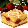Fruit cheese coffee cake has layers of fuit pie filling and sweetened cheese, topped with a simple glaze. Beautiful and tasty.