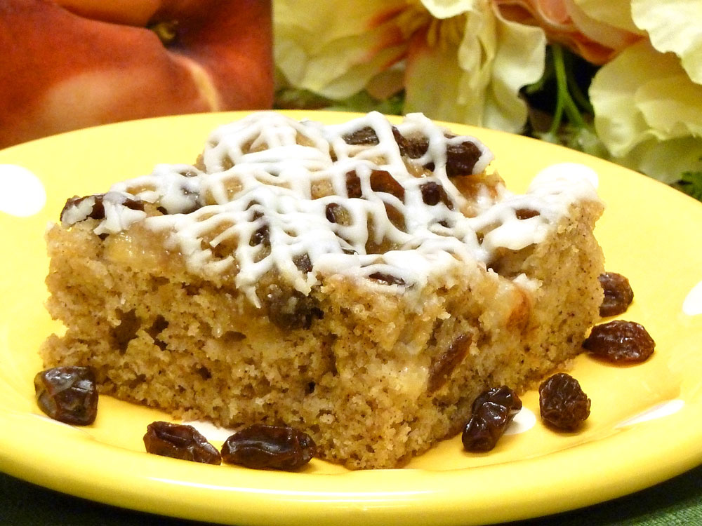 Peach Raisin Coffee Cake is moist, delicious, and great for breakfast, brunch, dessert, or snacks.